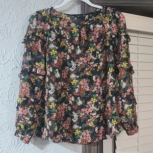Ann Taylor Women's Sizes Small Petite Floral Ruffle Keyhole Blouse